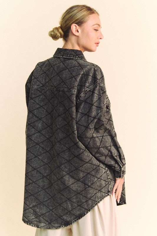 Gridlock Denim Shirt JacketThe 100% cotton Curved Hem Diamond Quilted Button Up Shacket combines the style of a shirt with the cozy comfort of a quilted jacket. The curved hem adds a modern twButton-Up ShirtsGridlock Denim Shirt