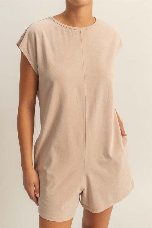 Relaxed Fit Breezy RomperThe Round Neck Cap Sleeve Relaxed Fit Breezy Romper is a stylish and comfortable one-piece outfit perfect for warm weather. Featuring a round neck and cap sleeves, tRompersRelaxed Fit Breezy Romper