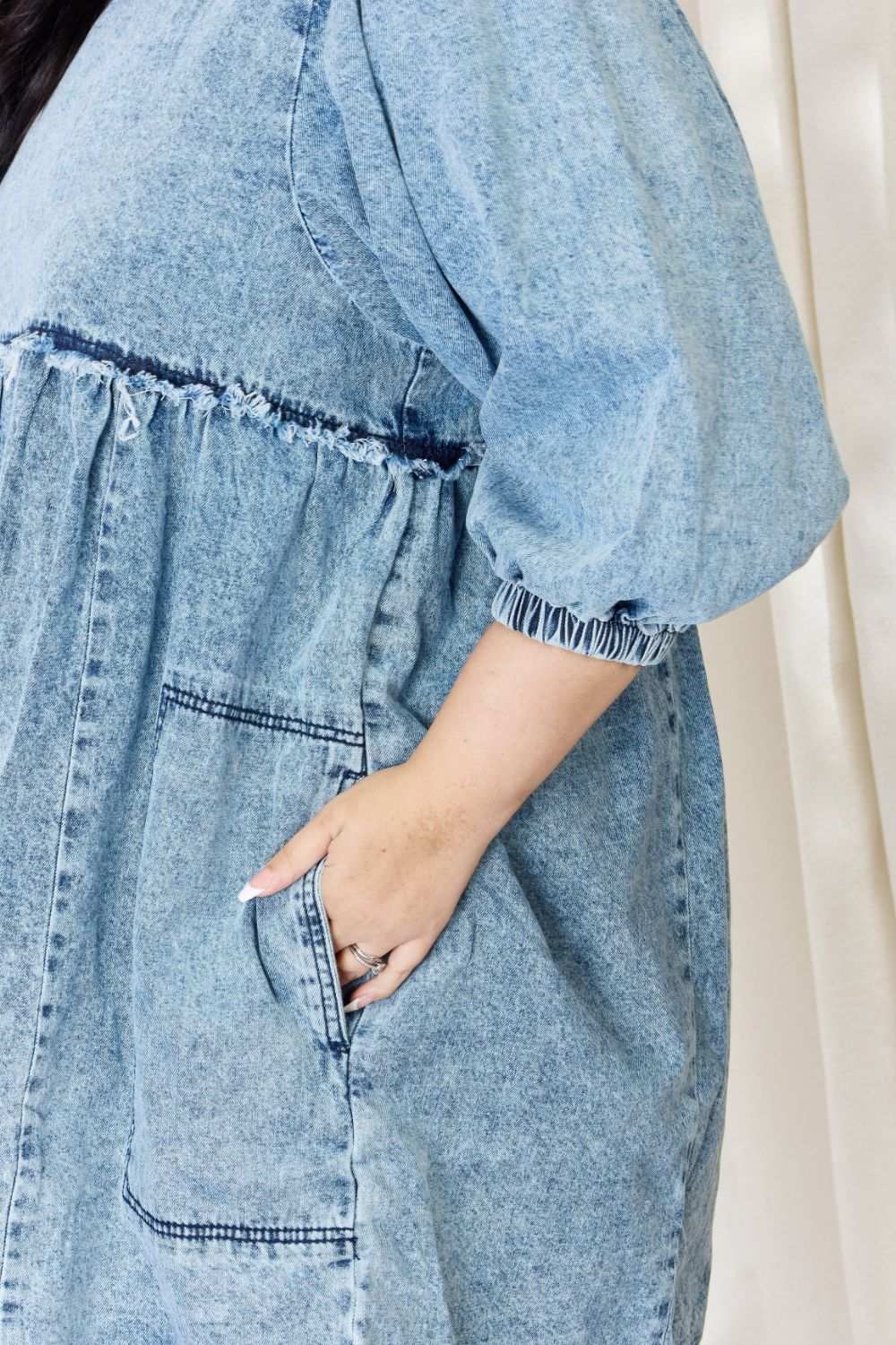 Oversized Denim Babydoll DressThis dress boasts a relaxed, oversized fit that flatters all body types. The babydoll silhouette adds a touch of playful femininity, while the balloon sleeves exude Mini DressesOversized Denim Babydoll Dress