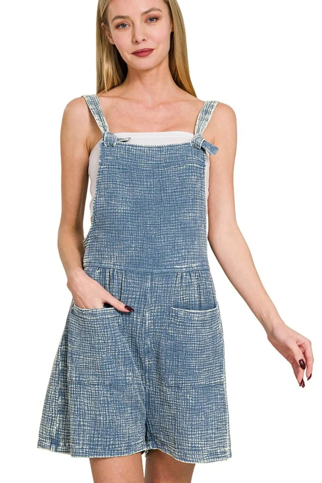 Woven Double Gauze Cotton Acid Washed RomperThe 100% Cotton Woven Double Gauze Acid Washed Romper features a unique and trendy acid-washed design. It is made from lightweight double gauze fabric for a soft andOverallsWoven Double Gauze