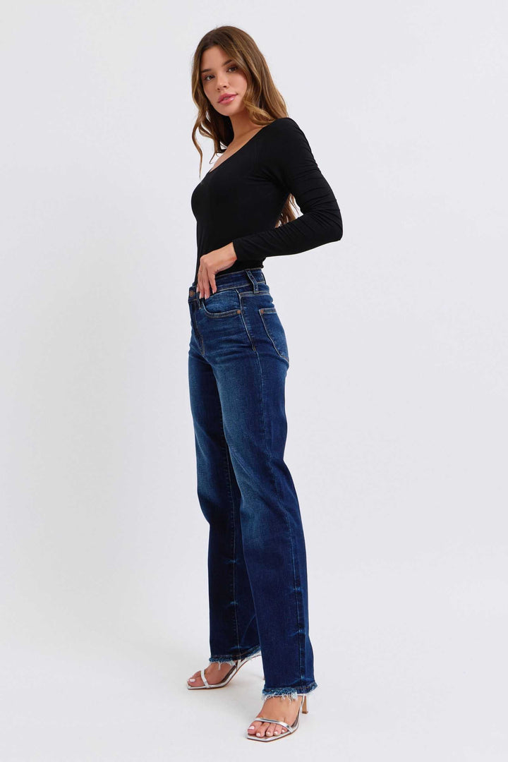 Judy Blue Raw Hem Straight Leg JeansRaw Hem Straight Leg Jeans are a versatile and timeless addition to your wardrobe. The raw hem adds a touch of edge, while the straight leg style offers a flatteringStraight Leg JeansJudy Blue Raw Hem