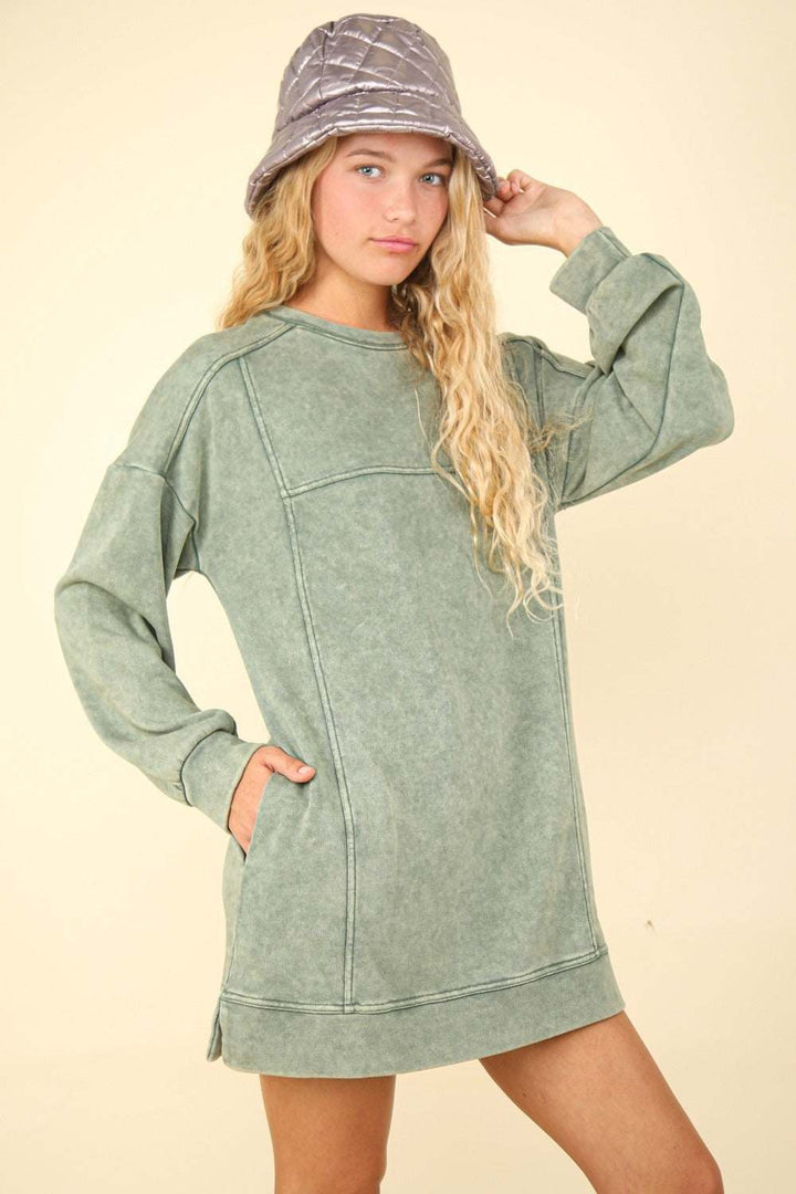 Mineral Washed Oversized Sweatshirt Mini DressThe Mineral Washed Oversized Sweatshirt Mini Dress is a cozy and chic piece. It features a relaxed drop shoulder design and long sleeves for a comfortable fit. The rMini DressesMineral Washed Oversized Sweatshirt