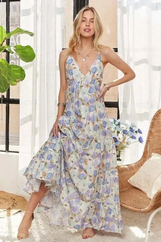 The Bluebell Bloom DressLight, romantic, and full of movement, The Bluebell Bloom Dress features a flowing tiered maxi silhouette with adjustable tie-back detailing. Soft floral prints in pMaxi DressesThe Bluebell Bloom Dress