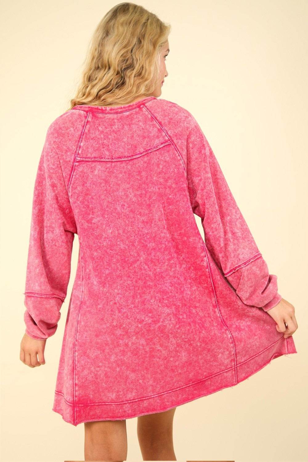 Mineral Washed Oversized A-Line Mini DressThe Mineral Washed Oversized A-Line Mini Dress offers a relaxed, stylish look with its v-neck and drop shoulder design. The raglan long sleeves enhance its laid-backMini DressesMineral Washed Oversized