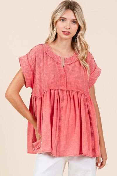 Mineral Wash Cotton Babydoll Short Sleeve BlouseThis relaxed fit tunic top is crafted from a unique 100% cotton waffle knit fabric with a mineral wash finish for a laid-back and stylish look. Featuring a flatterinShort Sleeve BlousesMineral Wash Cotton