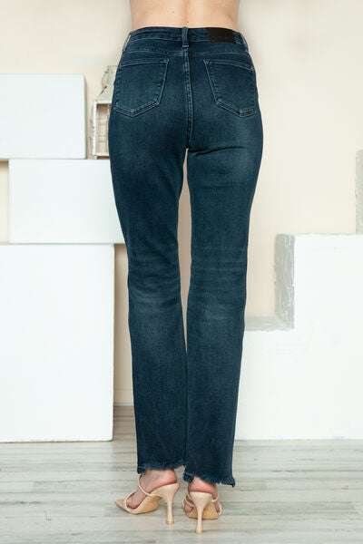 Judy Blue Button Fly Frayed Hem Straight JeansThe button fly hem destroys straight jeans and combines a classic silhouette with a modern flair. Featuring a stylish button fly closure, these jeans offer a unique Straight Leg JeansJudy Blue Button Fly