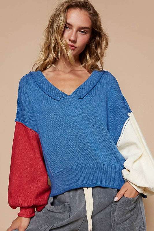 Color Block Lantern Sleeve SweaterThe 100% cotton Color Block Lantern Sleeve Sweater is a chic and cozy knitwear piece that combines trendy design elements. The exposed seam detailing adds a modern aSweatersColor Block Lantern Sleeve