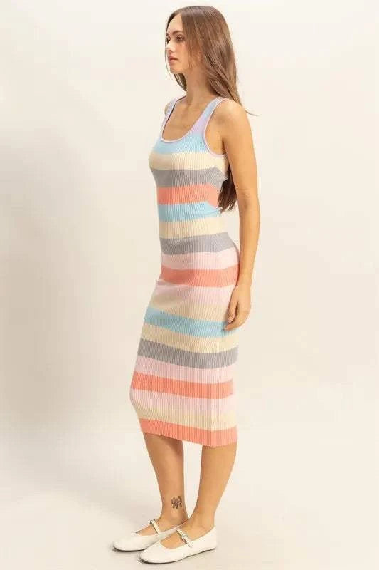 Striped Scoop Neck Wide Strap Knit DressThis Striped Scoop Neck Wide Strap Knit Dress is a stylish and versatile addition to your wardrobe. The scoop neck and wide straps offer a flattering and comfortableMidi DressesStriped Scoop Neck