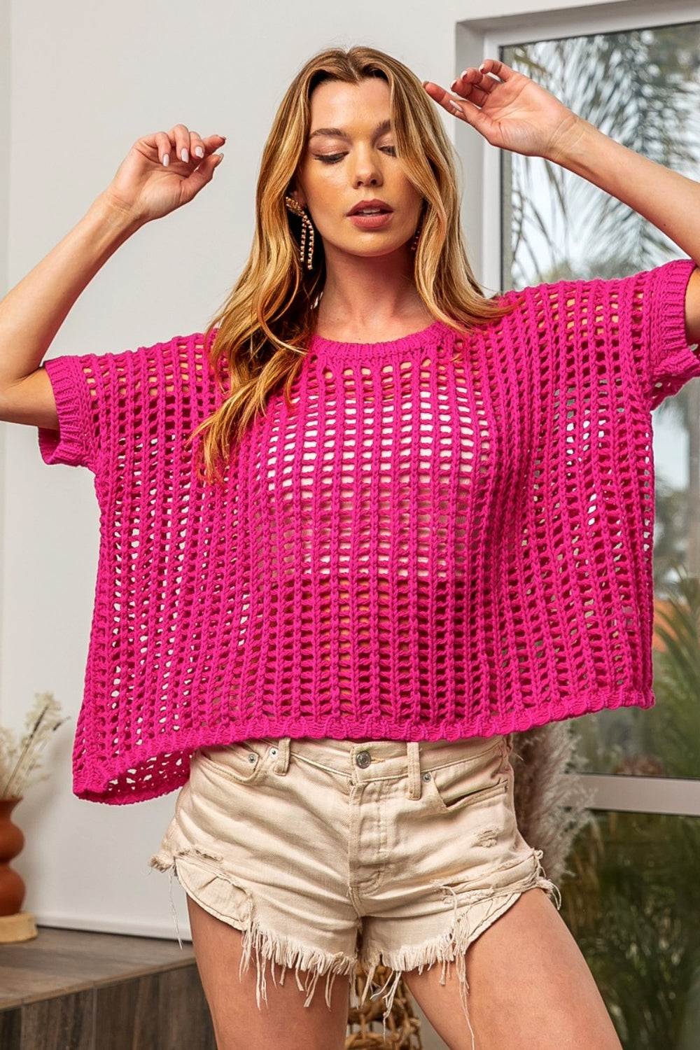 Openwork Knit TopStay stylish and chic with this 100% cotton Openwork Knit Top, perfect for layering over your outfits for a touch of elegance. The openwork design adds a trendy and Open Weave TopsOpenwork Knit Top