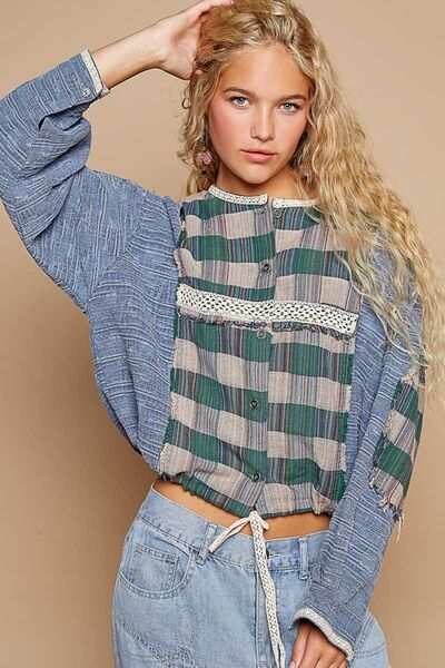 Patchwork Plaid Linen Blend ShirtThis round neck long sleeve, top made from cotton and linen, features a roomy fit, crafted from textured woven fabric for added interest. The plaid contrast adds a sButton-Up ShirtsPatchwork Plaid Linen