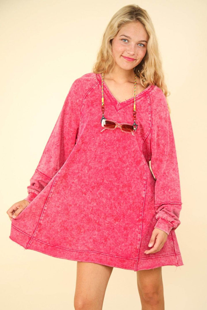 Mineral Washed Oversized A-Line Mini DressThe Mineral Washed Oversized A-Line Mini Dress offers a relaxed, stylish look with its v-neck and drop shoulder design. The raglan long sleeves enhance its laid-backMini DressesMineral Washed Oversized