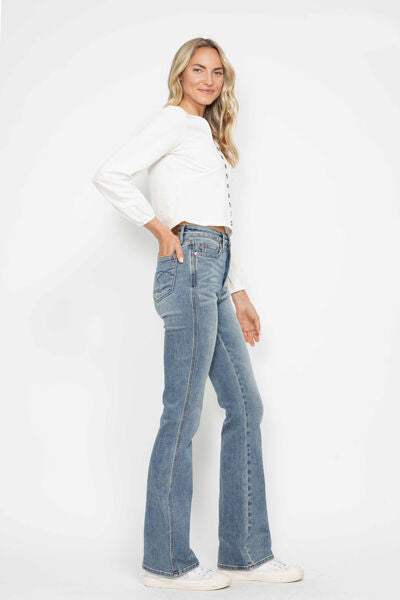 Judy Blue Tummy Control Back Embroidered Pocketed Bootcut JeansTummy Control Back Embroidered Pocketed Bootcut Jeans are a stylish and figure-flattering option for your denim collection. The tummy control feature helps smooth anBootcut JeansJudy Blue Tummy Control