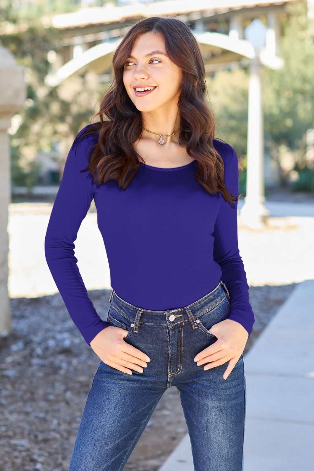 Round Neck Long Sleeve BodysuitBrand: Basic Bae 
Features: Basic style
Sheer: Opaque
Stretch: Moderate stretch
Material composition: 95% rayon, 5% spandex
Care instructions: Machine wash cold. TumBodysuitsRound Neck Long Sleeve Bodysuit