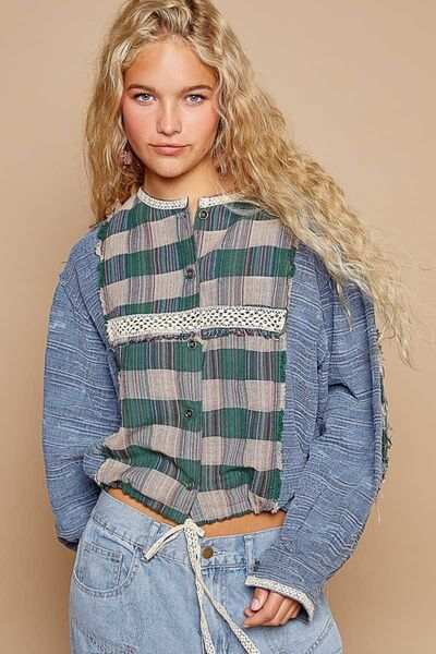 Patchwork Plaid Linen Blend ShirtThis round neck long sleeve, top made from cotton and linen, features a roomy fit, crafted from textured woven fabric for added interest. The plaid contrast adds a sButton-Up ShirtsPatchwork Plaid Linen