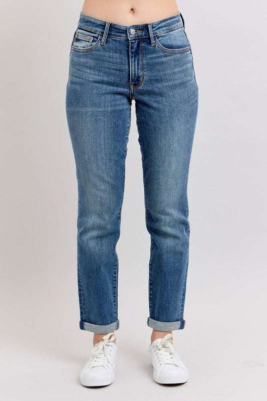 Judy Blue Mid Rise Skinny Cuff JeansMid rise skinny cuff jeans with pockets are a versatile and stylish option that combines the classic skinny jean fit with a modern twist of cuffed hems and functionaStraight Leg JeansJudy Blue Mid Rise