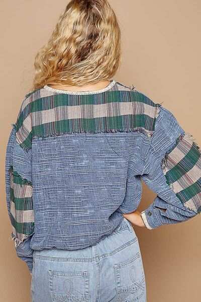 Patchwork Plaid Linen Blend ShirtThis round neck long sleeve, top made from cotton and linen, features a roomy fit, crafted from textured woven fabric for added interest. The plaid contrast adds a sButton-Up ShirtsPatchwork Plaid Linen