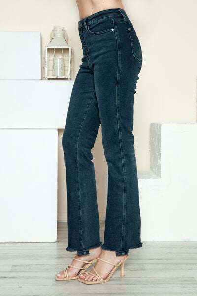 Judy Blue Button Fly Frayed Hem Straight JeansThe button fly hem destroys straight jeans and combines a classic silhouette with a modern flair. Featuring a stylish button fly closure, these jeans offer a unique Straight Leg JeansJudy Blue Button Fly