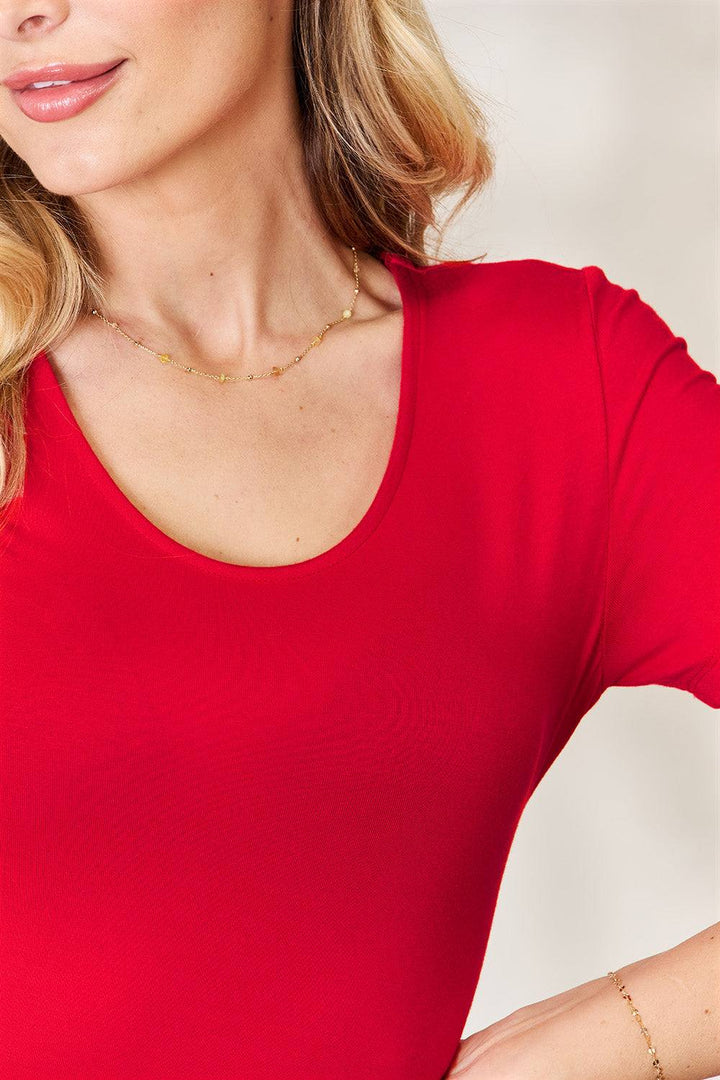 Round Neck Short Sleeve BodysuitBrand: Basic Bae 
Fit: True to size
Features: Basic style
Sheer: Opaque
Stretch: Moderate stretch
Material composition: 95% rayon, 5% spandex
Care instructions: MachBodysuitsRound Neck Short Sleeve Bodysuit