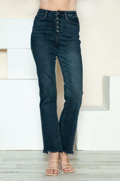 Judy Blue Button Fly Frayed Hem Straight JeansThe button fly hem destroys straight jeans and combines a classic silhouette with a modern flair. Featuring a stylish button fly closure, these jeans offer a unique Straight Leg JeansJudy Blue Button Fly