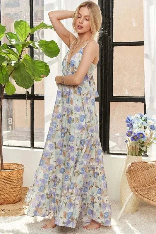 The Bluebell Bloom DressLight, romantic, and full of movement, The Bluebell Bloom Dress features a flowing tiered maxi silhouette with adjustable tie-back detailing. Soft floral prints in pMaxi DressesThe Bluebell Bloom Dress