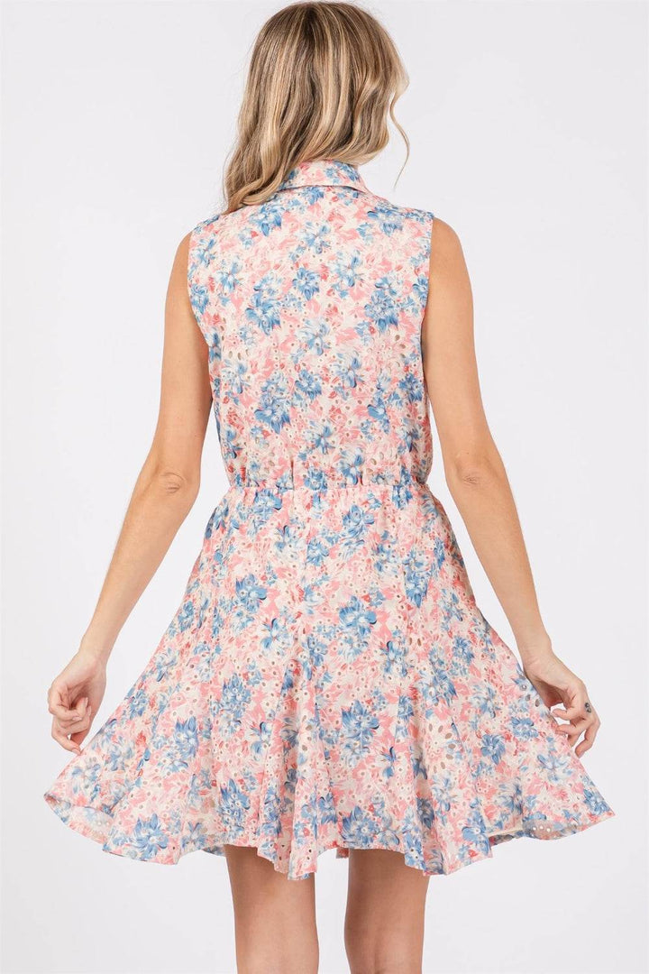 Floral Eyelet Sleeveless Mini DressThe Floral Eyelet Sleeveless Mini Dress is a charming and feminine choice for warm-weather occasions. Featuring delicate floral eyelet detailing, this dress exudes aMini DressesFloral Eyelet Sleeveless
