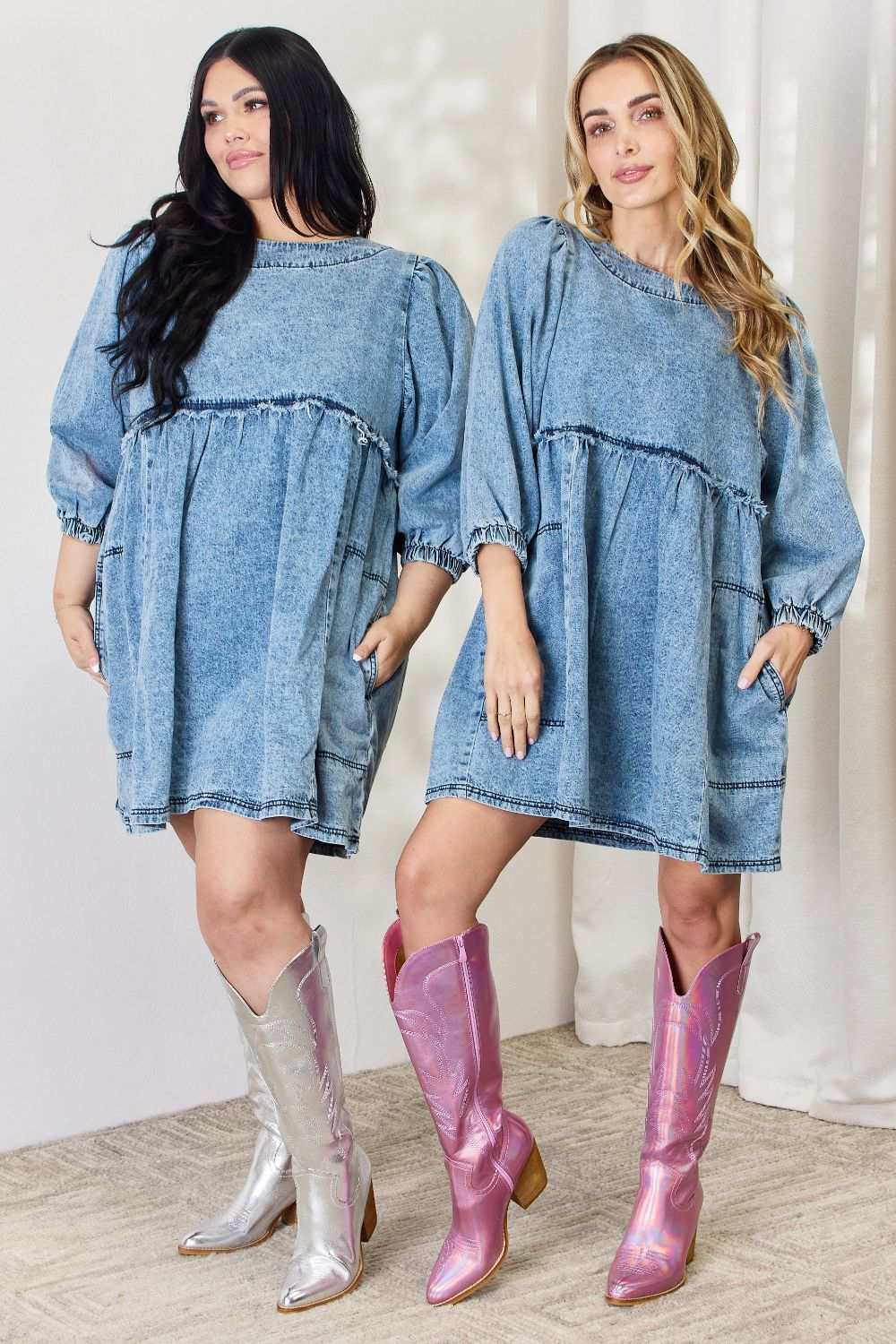 Oversized Denim Babydoll DressThis dress boasts a relaxed, oversized fit that flatters all body types. The babydoll silhouette adds a touch of playful femininity, while the balloon sleeves exude Mini DressesOversized Denim Babydoll Dress