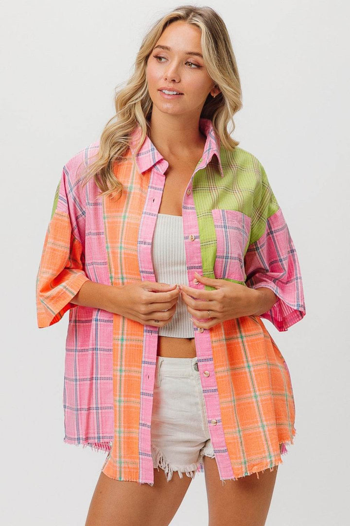 Plaid Collared Half Sleeve ShirtThe Plaid Collared Half Sleeve Shirt is a classic and timeless piece that combines the iconic plaid pattern with a smart collared neckline and trendy half sleeves. TButton-Up ShirtsPlaid Collared Half Sleeve Shirt