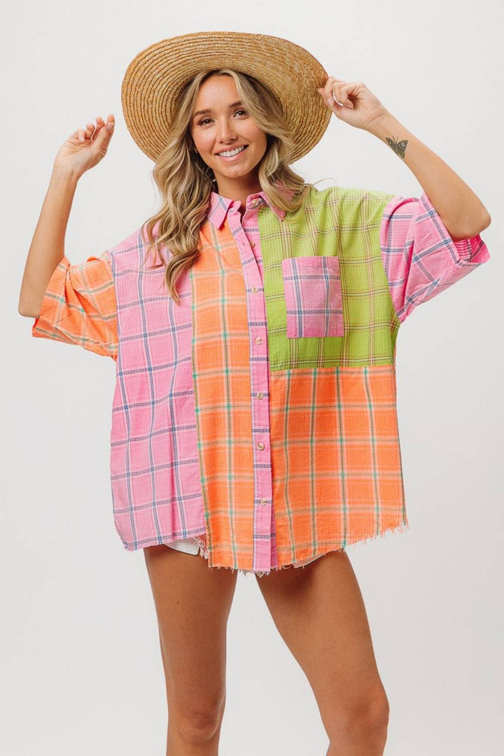 Plaid Collared Half Sleeve ShirtThe Plaid Collared Half Sleeve Shirt is a classic and timeless piece that combines the iconic plaid pattern with a smart collared neckline and trendy half sleeves. TButton-Up ShirtsPlaid Collared Half Sleeve Shirt
