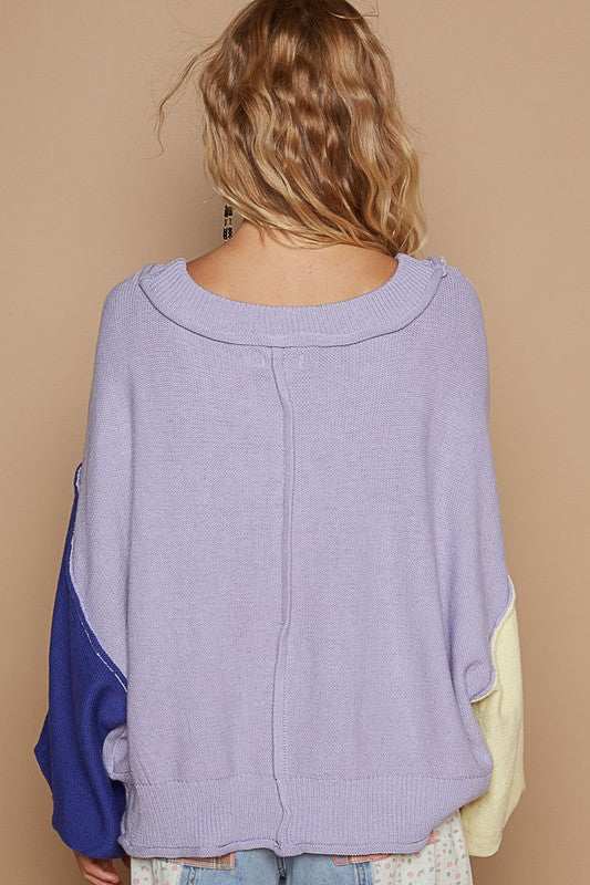 Cotton Color Block Lantern Sleeve SweaterThe 100% cotton Color Block Lantern Sleeve Sweater is a chic and cozy knitwear piece that combines trendy design elements. The exposed seam detailing adds a modern aSweatersCotton Color Block