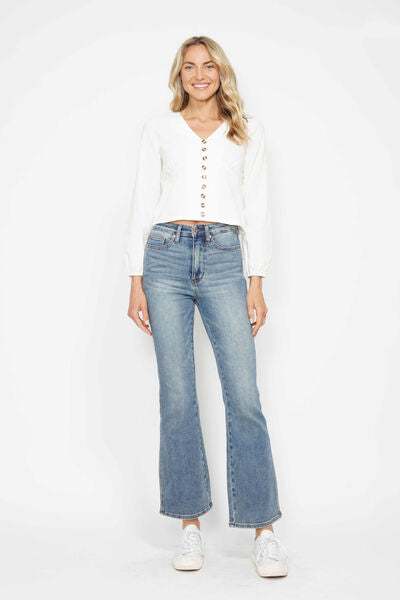 Judy Blue Tummy Control Back Embroidered Pocketed Bootcut JeansTummy Control Back Embroidered Pocketed Bootcut Jeans are a stylish and figure-flattering option for your denim collection. The tummy control feature helps smooth anBootcut JeansJudy Blue Tummy Control