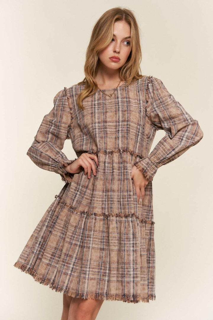 Tiered Plaid DressThe Tiered Plaid Dress is a charming and stylish addition to your wardrobe. With its unique tiered design and frayed detailing, this dress exudes a trendy and bohemiMini DressesTiered Plaid Dress