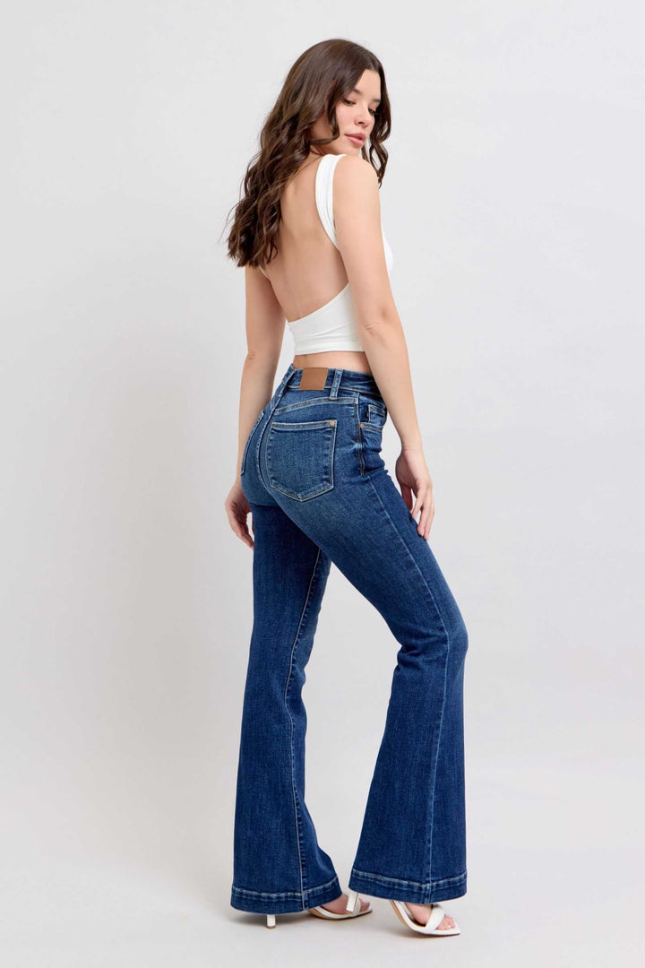 Judy Blue High Rise Flare Jeans with PocketsHigh-rise flare jeans with pockets are a trendy and versatile wardrobe staple. They provide a flattering high-waisted silhouette and the flare leg adds a chic retro Flare JeansJudy Blue High Rise Flare Jeans