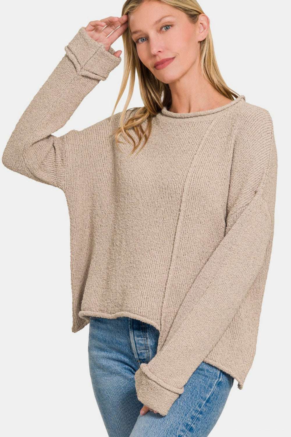 Asymmetric Hem Drop Shoulder SweaterThe Asymmetric Hem Drop Shoulder Sweater is a trendy and modern piece that offers a unique silhouette. With its drop shoulder design, this sweater exudes a relaxed aSweatersAsymmetric Hem Drop Shoulder Sweater