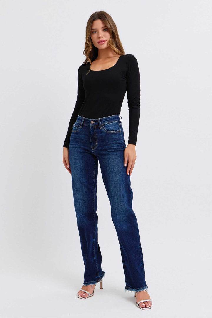 Judy Blue Raw Hem Straight Leg JeansRaw Hem Straight Leg Jeans are a versatile and timeless addition to your wardrobe. The raw hem adds a touch of edge, while the straight leg style offers a flatteringStraight Leg JeansJudy Blue Raw Hem