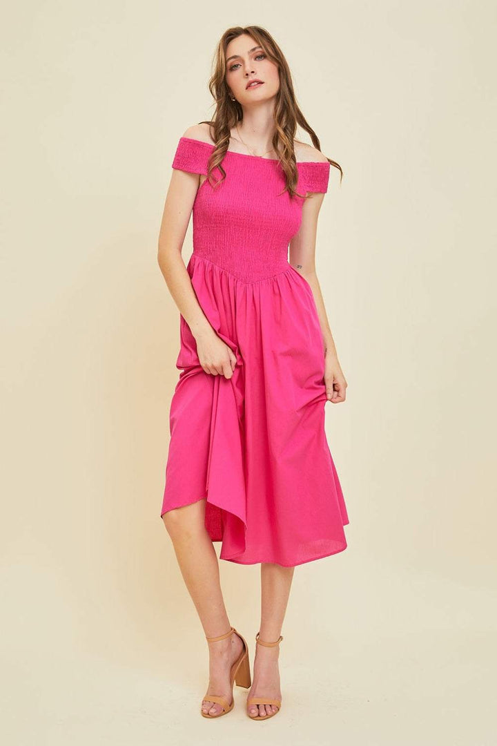 Off-Shoulder Smocked Midi DressThe 100% cotton Off-Shoulder Smocked Midi Dress is a stylish and versatile piece that is perfect for warm weather. Featuring an off-shoulder design and a smocked bodMidi DressesOff-Shoulder Smocked Midi Dress