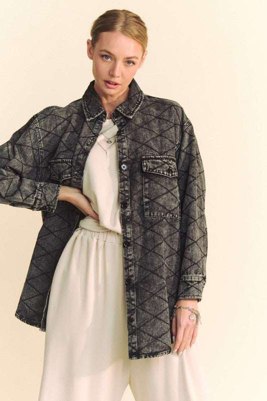 Gridlock Denim Shirt JacketThe 100% cotton Curved Hem Diamond Quilted Button Up Shacket combines the style of a shirt with the cozy comfort of a quilted jacket. The curved hem adds a modern twButton-Up ShirtsGridlock Denim Shirt