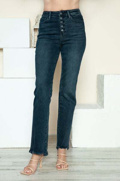 Judy Blue Button Fly Frayed Hem Straight JeansThe button fly hem destroys straight jeans and combines a classic silhouette with a modern flair. Featuring a stylish button fly closure, these jeans offer a unique Straight Leg JeansJudy Blue Button Fly