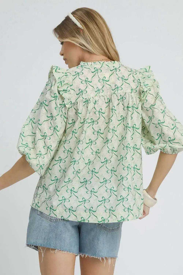 Ruffled Bow Print Blouse