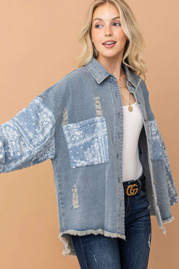 Paisley Print Quilted Denim JacketThe 100% cotton Paisley Print Quilted Denim Jacket is a unique blend of patterns and textures. The paisley print adds a touch of classic charm, while the quilted sleJacketsPaisley Print Quilted Denim Jacket