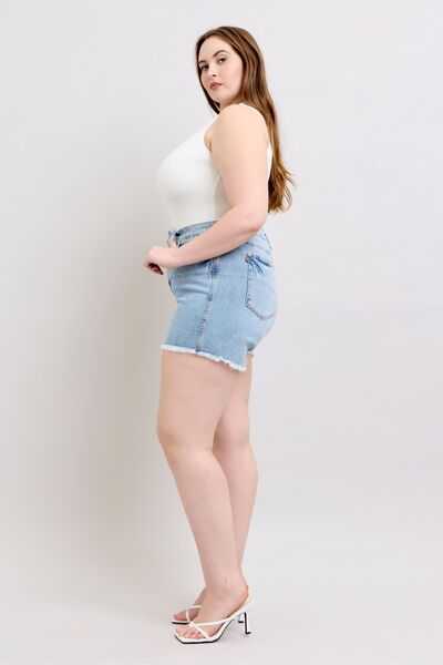 Judy Blue Tummy Control Raw Hem Denim ShortsThe tummy control raw hem denim shorts are designed to provide a slimming effect around the waist area while also featuring a trendy raw hem finish at the bottom. ThJean ShortsJudy Blue Tummy Control