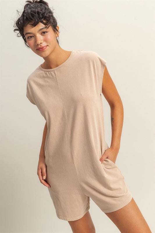 Relaxed Fit Breezy RomperThe Round Neck Cap Sleeve Relaxed Fit Breezy Romper is a stylish and comfortable one-piece outfit perfect for warm weather. Featuring a round neck and cap sleeves, tRompersRelaxed Fit Breezy Romper