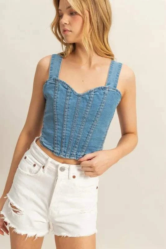 Washed Sweetheart Neck Wide Strap Denim TankA washed sweetheart neck wide strap denim tank is a trendy and versatile top. The sweetheart neckline adds a feminine touch, while the wide straps provide comfort anTank TopsWashed Sweetheart Neck
