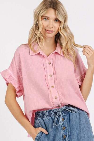 Mineral Washed Cotton Flounce Sleeve ShirtThe Mineral Washed Button Down Flounce Sleeve Shirt is a stylish and versatile piece that combines a unique mineral-washed fabric with feminine flounce sleeves. The Button-Up ShirtsMineral Washed Cotton