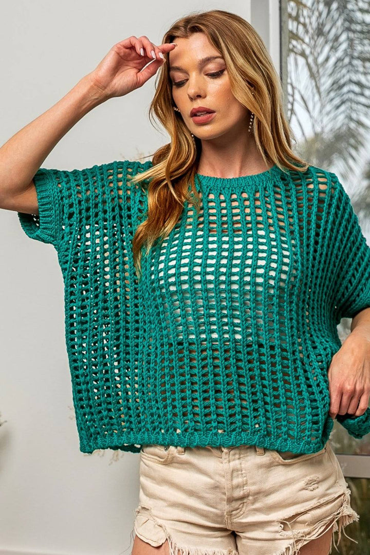 Openwork Short Sleeve Knit TopStay stylish and chic with this 100% cotton Openwork Short Sleeve Knit Top, perfect for layering over your outfits for a touch of elegance. The hollowed-out design aOpen Weave TopsOpenwork Short Sleeve
