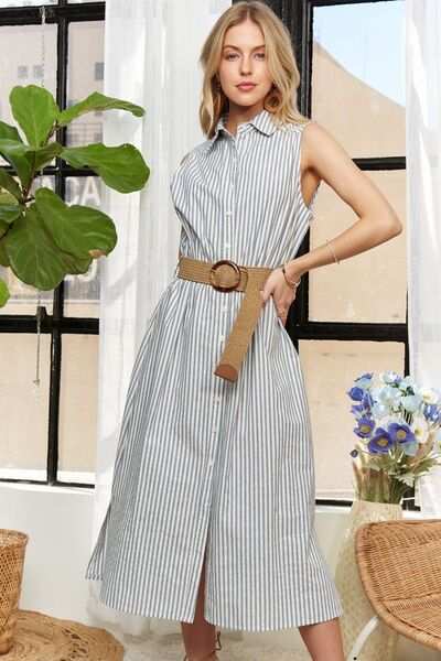 Linen Blend Sleeveless Midi Shirt DressThe Linen Blend Sleeveless Midi Shirt Dress is a classic and versatile choice for your wardrobe. With a timeless striped pattern, button-down front, and sleeveless dMidi DressesLinen Blend Sleeveless