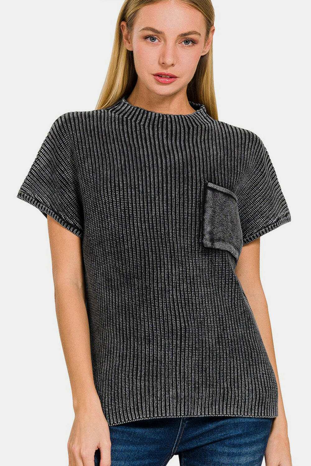 Mock Neck Short Sleeve SweaterThis stylish 100% cotton sweater with a mock neck and pockets is the perfect blend of fashion and function. Its modern mock neck and short sleeves make it perfect foSweatersMock Neck Short Sleeve