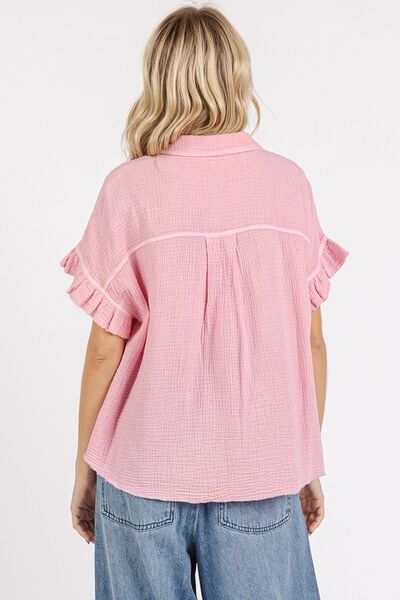 Mineral Washed Cotton Flounce Sleeve ShirtThe Mineral Washed Button Down Flounce Sleeve Shirt is a stylish and versatile piece that combines a unique mineral-washed fabric with feminine flounce sleeves. The Button-Up ShirtsMineral Washed Cotton