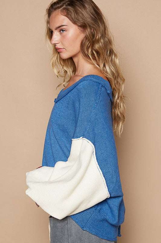 Color Block Lantern Sleeve SweaterThe 100% cotton Color Block Lantern Sleeve Sweater is a chic and cozy knitwear piece that combines trendy design elements. The exposed seam detailing adds a modern aSweatersColor Block Lantern Sleeve