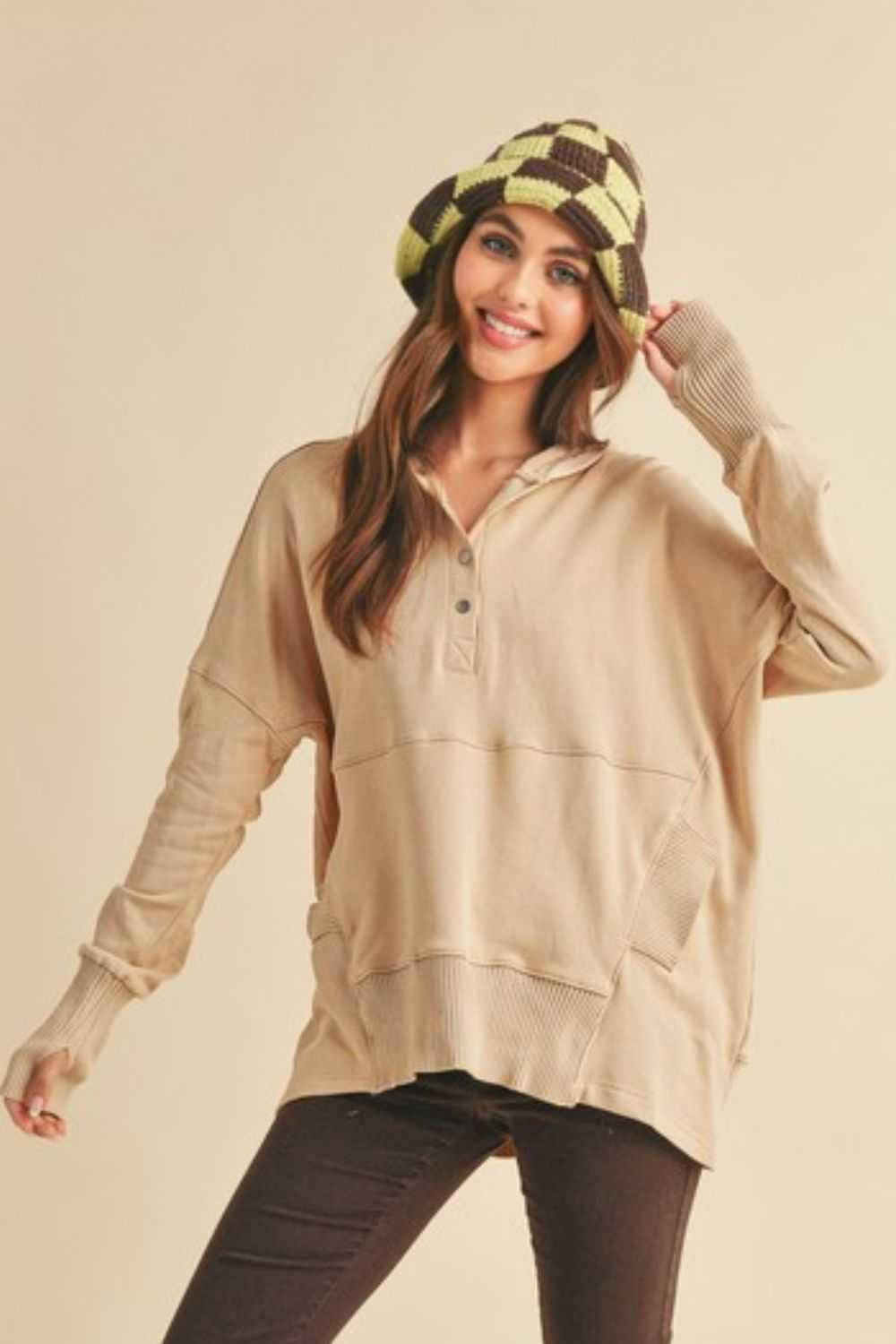Cotton Half Snap Dropped Shoulder HoodieThe Half Snap Dropped Shoulder Hoodie is a personalized hoodie with a half-snap cardigan and droopy shoulders for a relaxed and comfortable fashion style. This hoodiHoodiesCotton Half Snap
