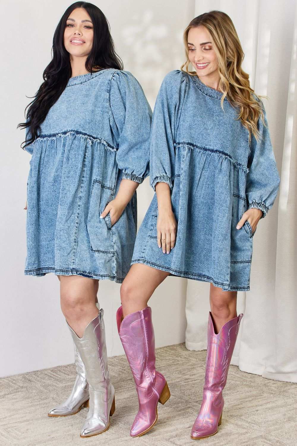 Oversized Denim Babydoll DressThis dress boasts a relaxed, oversized fit that flatters all body types. The babydoll silhouette adds a touch of playful femininity, while the balloon sleeves exude Mini DressesOversized Denim Babydoll Dress